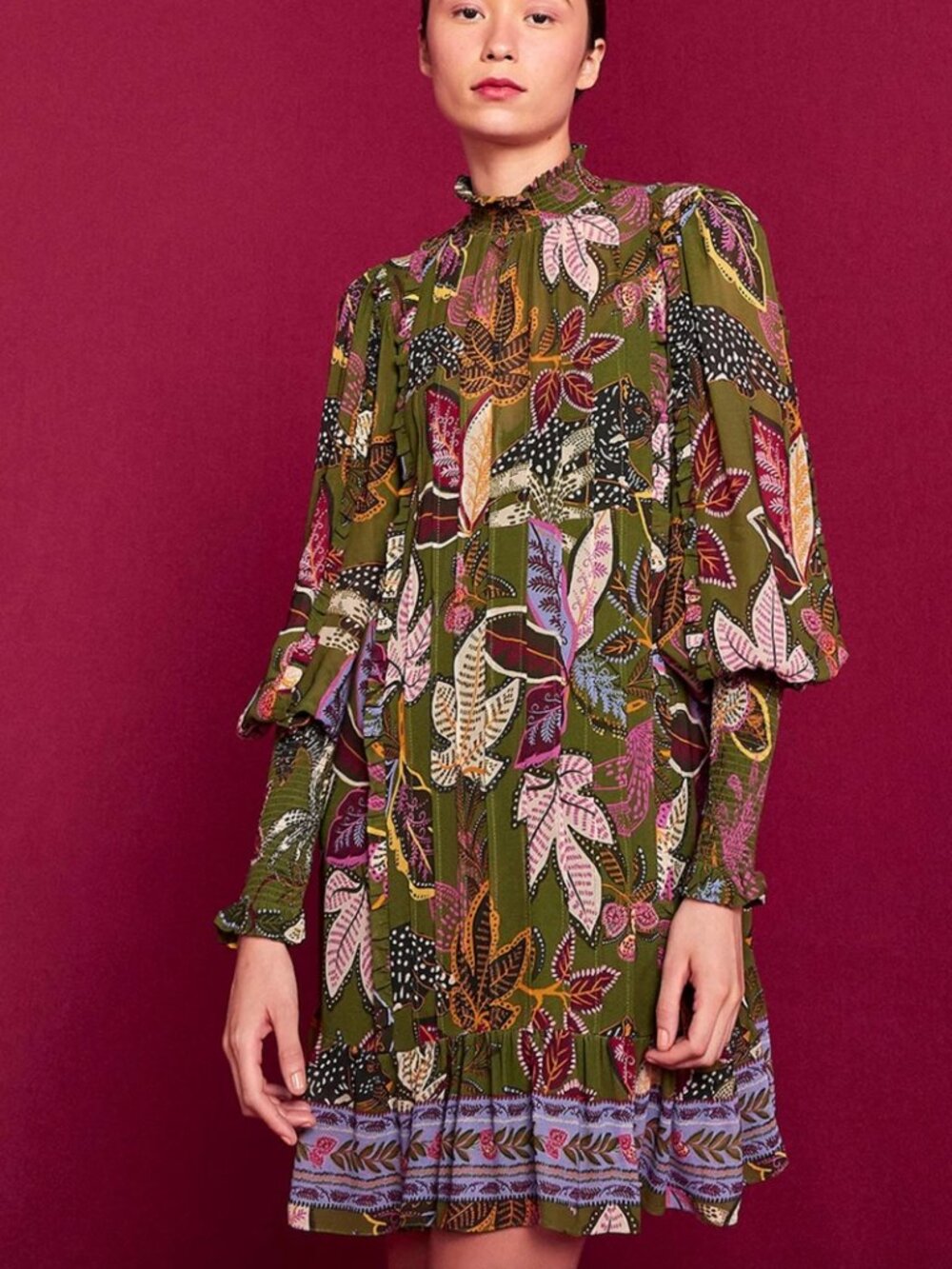 Farm Rio Women's Wild Jungle Mini Dress Green Floral Smock Flowy Sz. Small